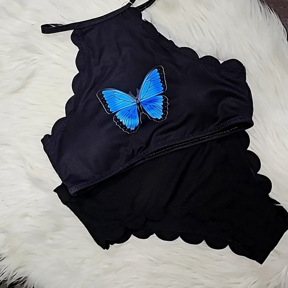 Blue Butterfly ✦ Scalloped Halter Bikini Set ✦ High-Neck Ribbed Cheeky Bottoms S